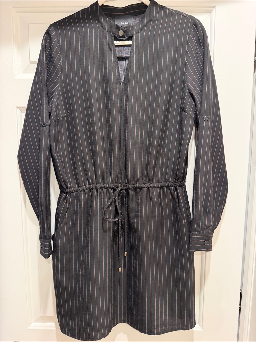 Black Tunic with Pink Pinstripes and Drawstring Waist